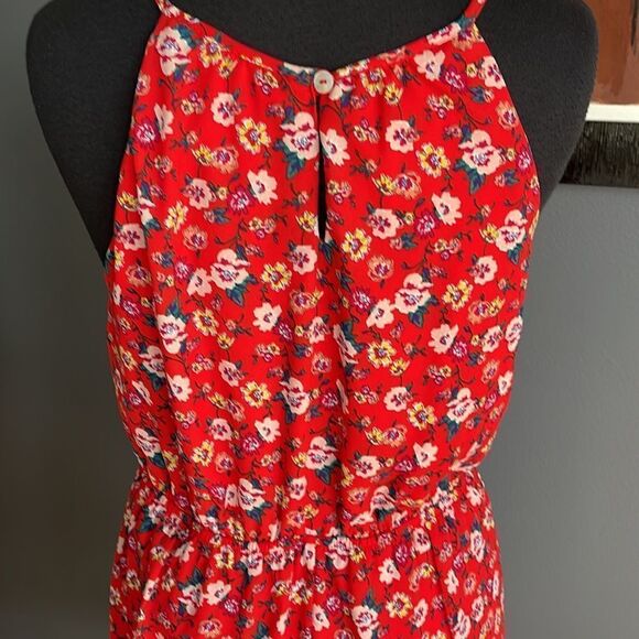 Harper Hertage red floral crepe split neckline wrap bodice ruffle skirt halter - Picture 7 of 9